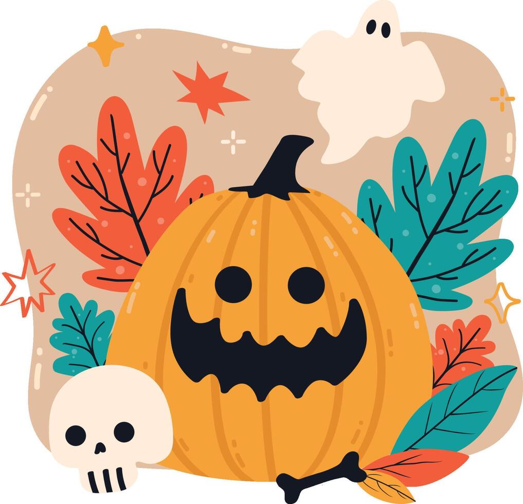 Halloween pumpkin with skull and ghost flying vector