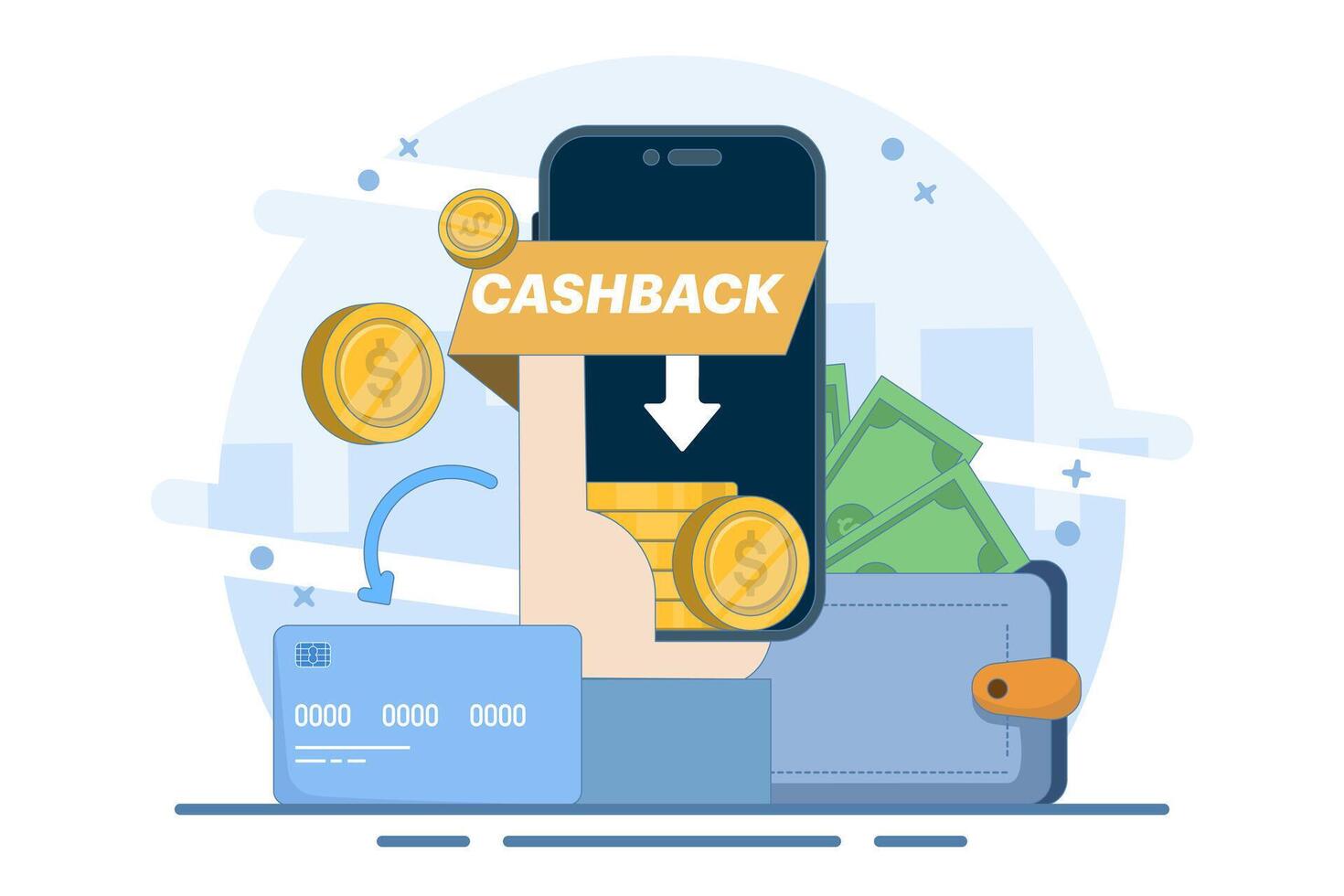 Cashback or online cashback concept. Get cashback for shopping. Savings offers using cashback vouchers. Save money, get vouchers and discounts, reward programs. Flat illustration. vector