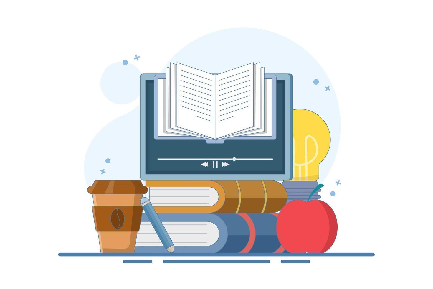 Online education concept, A person gains knowledge to achieve success and better ideas. Online education or business training. Device with open book, light bulb, apple, Flat illustration. vector