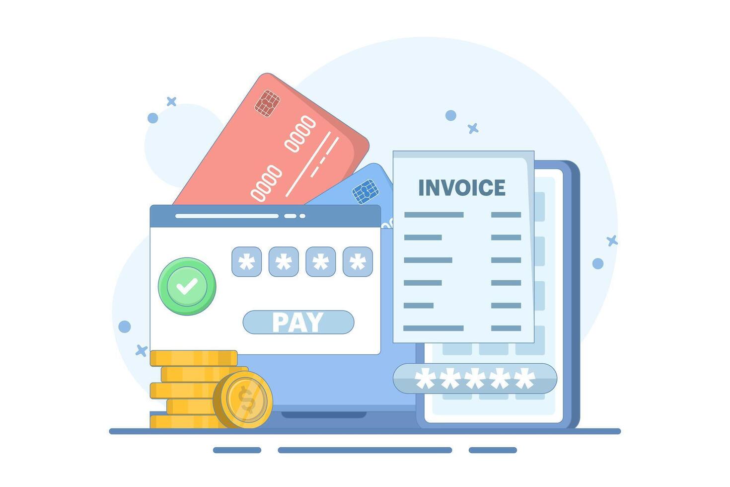Online payment concept. Device with electronic invoice. Confirmation of financial transaction via SMS. Coins and cards in the background. Flat style illustration in the background. vector