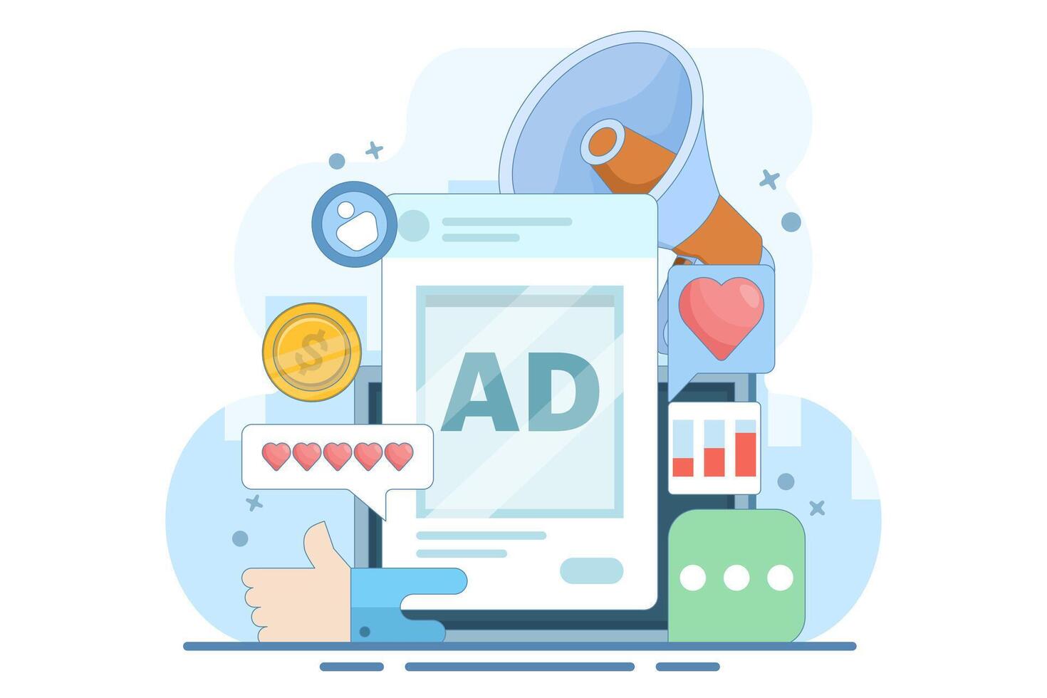 Social media advertising concept, Running social media ads to get more traffic, conversions and sales. online management or advertising. flat illustration on background with icons. vector
