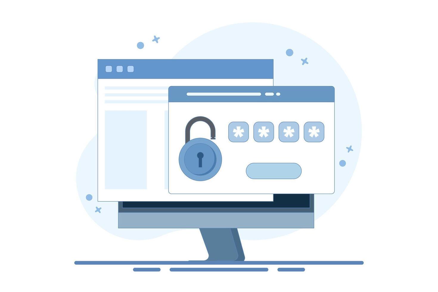 Website password security access notification concept on laptop computer, web internet notification verification code on device screen for authentication, flat illustration on background. vector