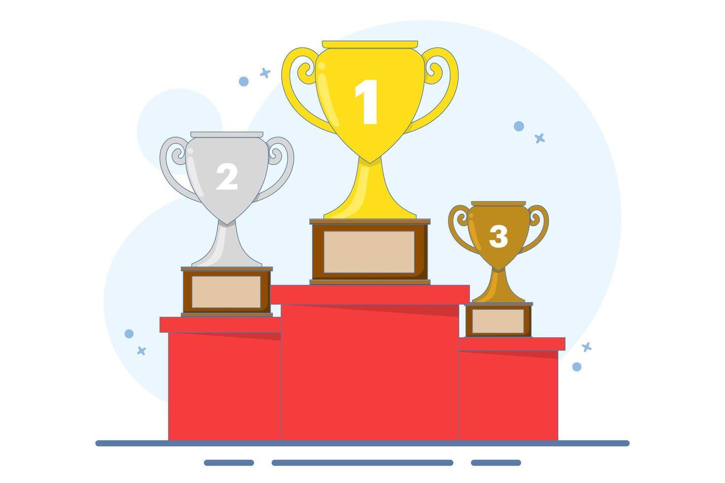 Concept of winner podium with trophies. Prizes for champions. Gold, silver and bronze cups. Winners with awards. About business success, awards, career, successful projects and competitions. vector