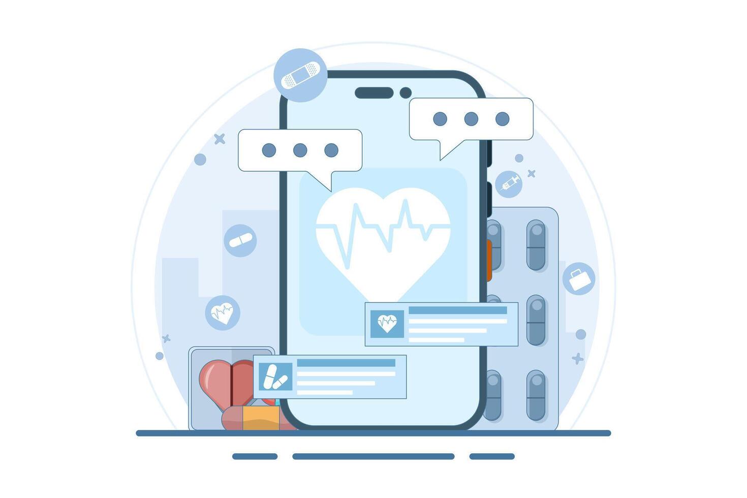 The concept of online health telemedicine. Online medical consultation and health care via an internet clinic mobile application connected to a computer. Online doctor consultation. vector