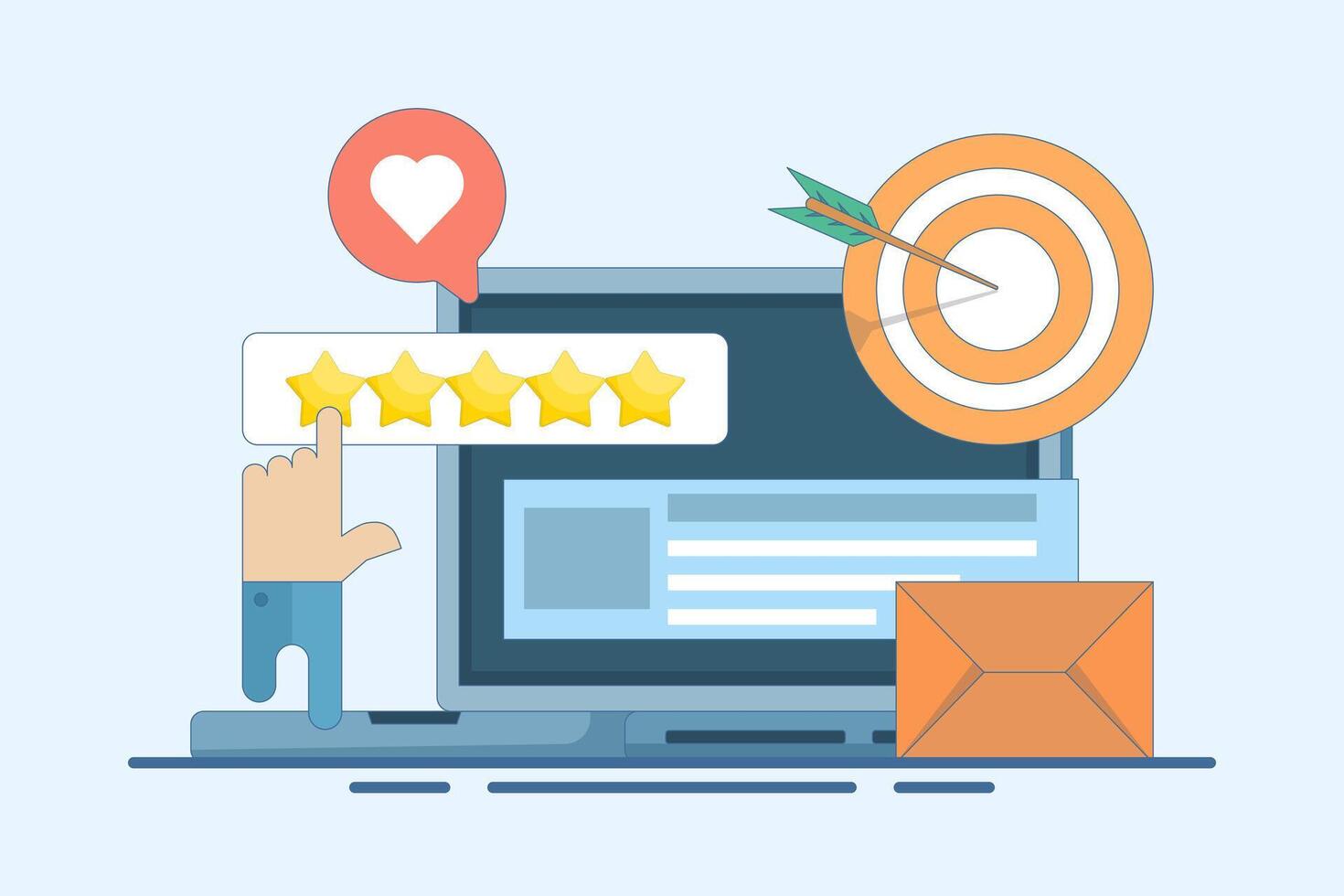 Concept of Best quality, Highest value, Online customer rating and reviews, Product and service rating, Hand clicks, top rating, reputation system program. Flat illustration. vector