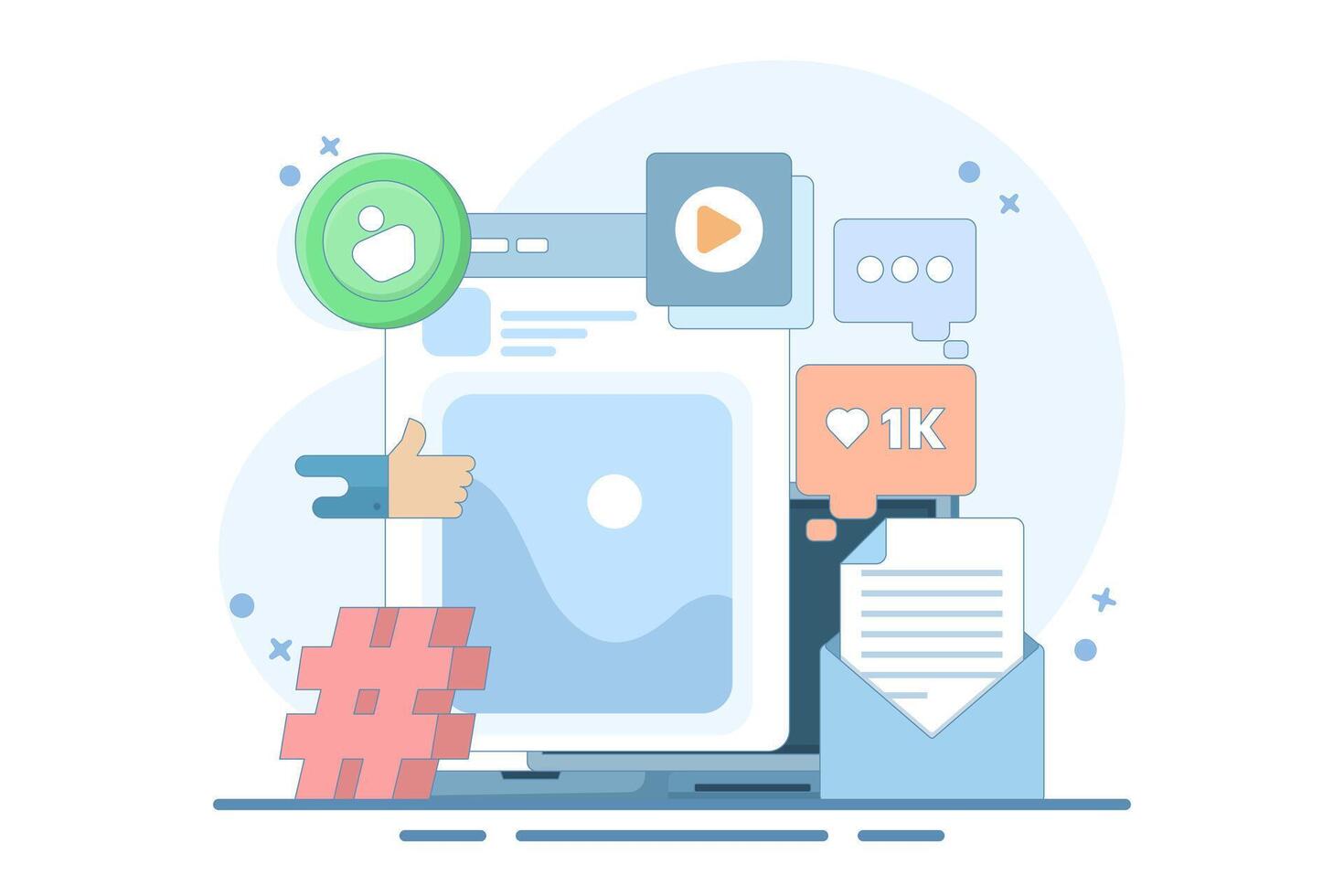 Social media marketing strategy concept, such as email, tag, digital marketing strategy, social media management, SMM, brand insight, campaign strategy development. Flat illustration. vector