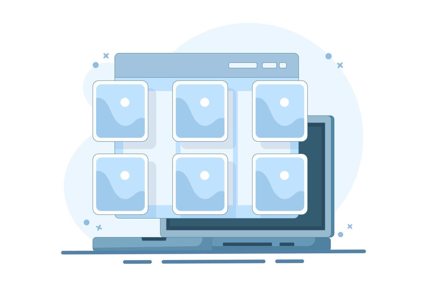 Online Concept Photo Album and digital gallery. View electronic photographic image files on website or internet on computer or laptop. Computer network. Flat illustration. vector