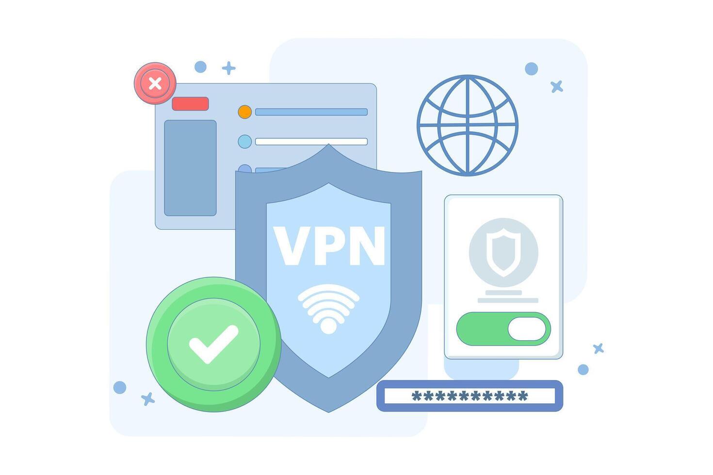 VPN Service Concept. Virtual private network access. Secure internet connection and privacy protection between computing devices and computer networks. Flat illustration on background. vector