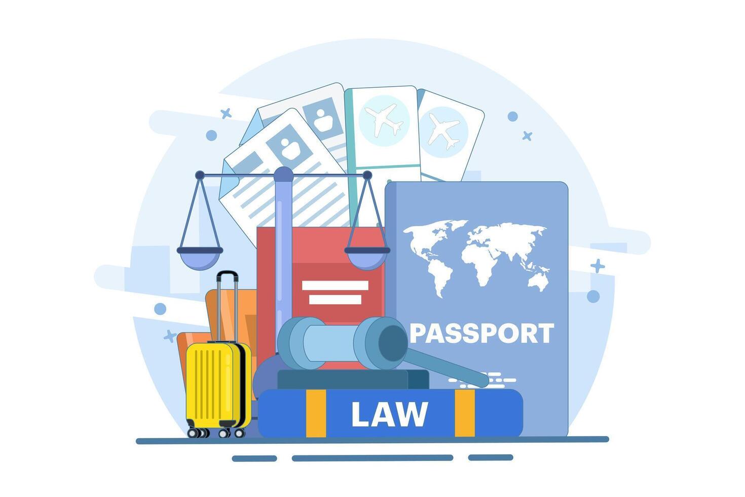 Immigration law concept. Law book with passport, visa, suitcase, scales of justice, judge's gavel. Emigration and immigration. Flat illustration on background. vector