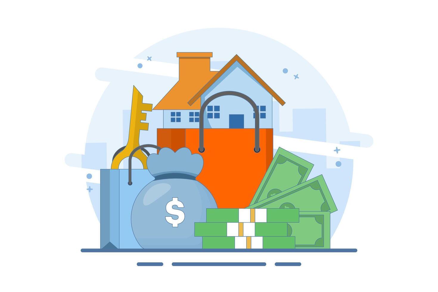 House for sale concept. sell house move to new house. Property Purchase Concept, Buying House with Key and Shopping Cart. Buying House. illustration for Web Design. vector
