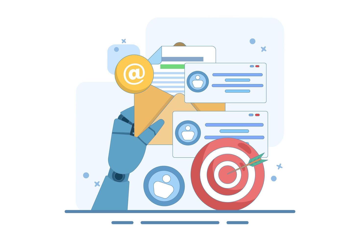 Concept of approaching target audience using email marketing, Online business strategy, Advertising, Email newsletter, sending messages, marketing materials, banners. Flat illustration. vector