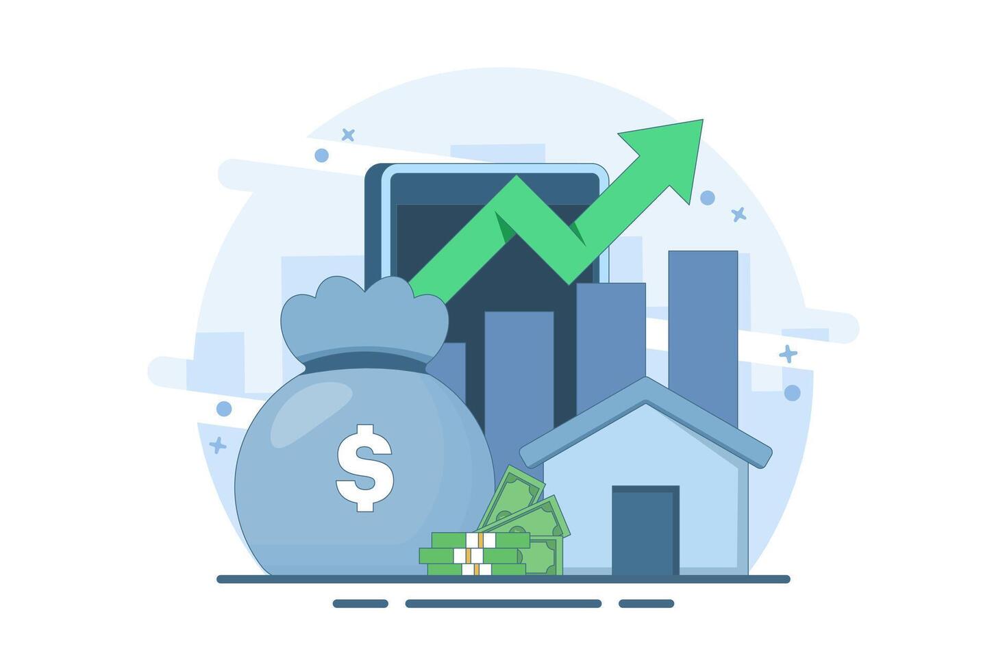 Concept of investing in home or real estate. Real estate and stack of coins with increasing graph. Saving for home, property financing, money investment. Flat illustration on background. vector
