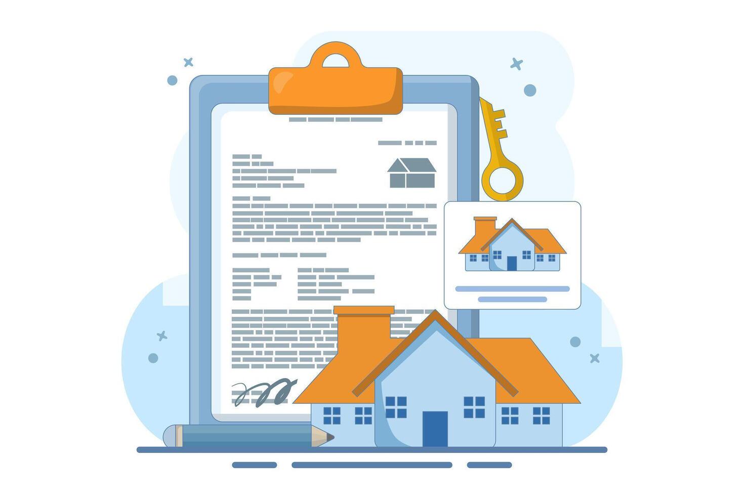 house agreement concept in real estate agency. beautiful house with application form, form. Real estate agent buy house real estate contract. flat graphic design illustration. vector