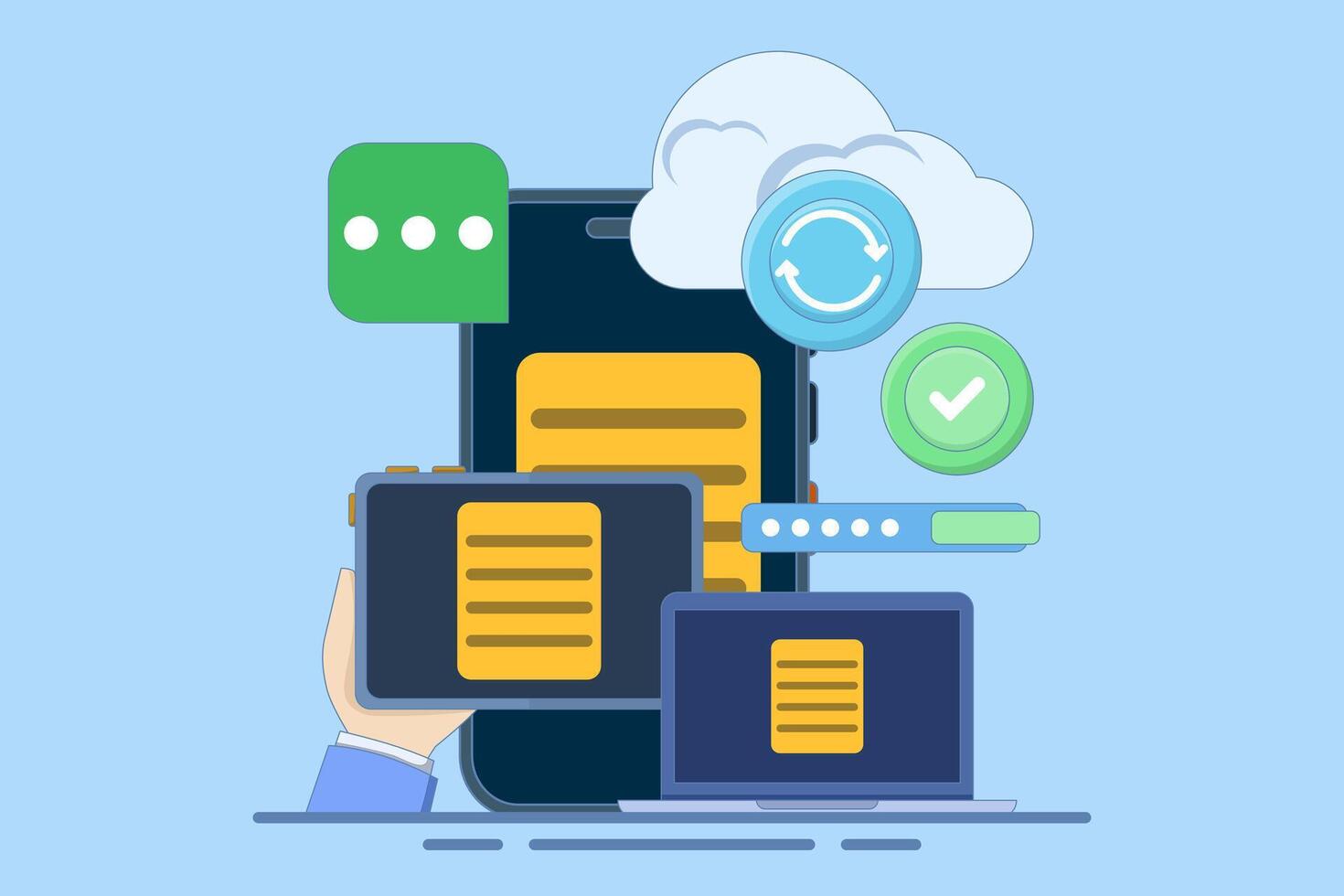 Cloud server storage concept, Uploading data to secure cloud server, Data storage and processing. Cloud service networking and hosting. Copying files. cloud hosting. Flat illustration. vector