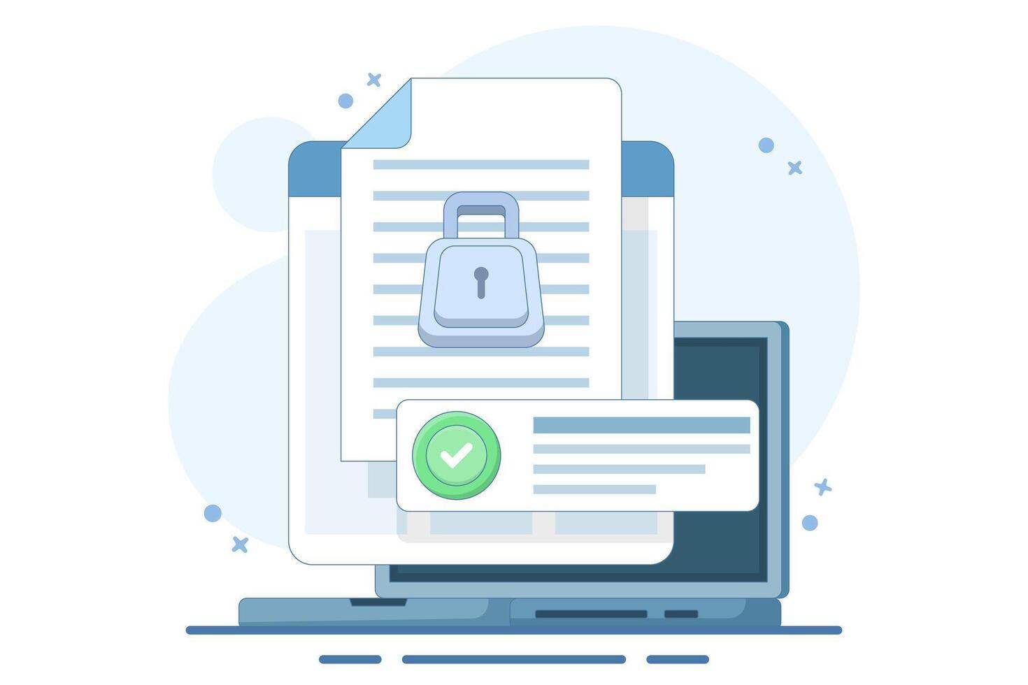 Document privacy protection concept. Securing confidential online digital computer data on documents and protecting access to information, website privacy permissions. Flat illustration. vector
