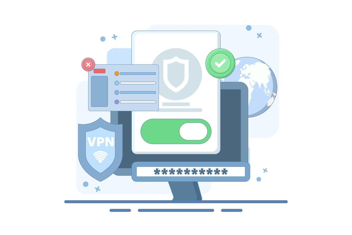 VPN Service Concept. Virtual private network access. Secure internet connection and privacy protection between computing devices and computer networks. Flat illustration. vector