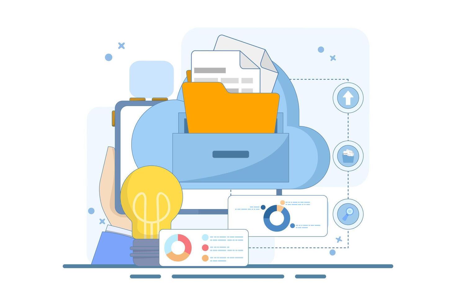 Electronic document management concept. File management and administrative work. File management administration. Organizing documents into archive folders. Flat illustration. vector