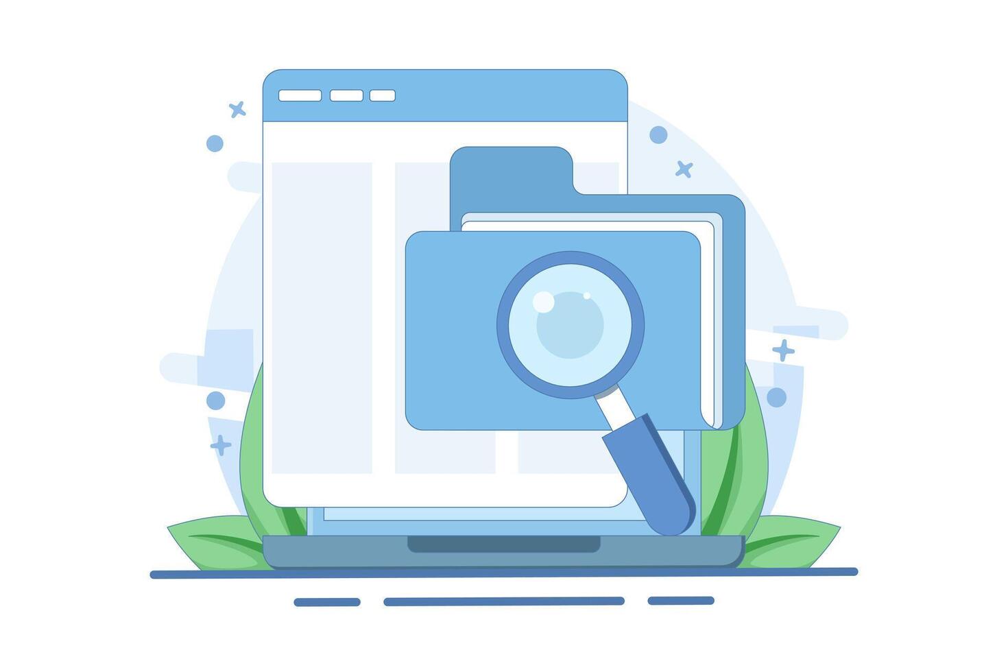 Scan Draft or check folder documents, find or browse file archive documents. investigate document archive review, examine legal documents, online analysis, reports or documents. flat illustration. vector
