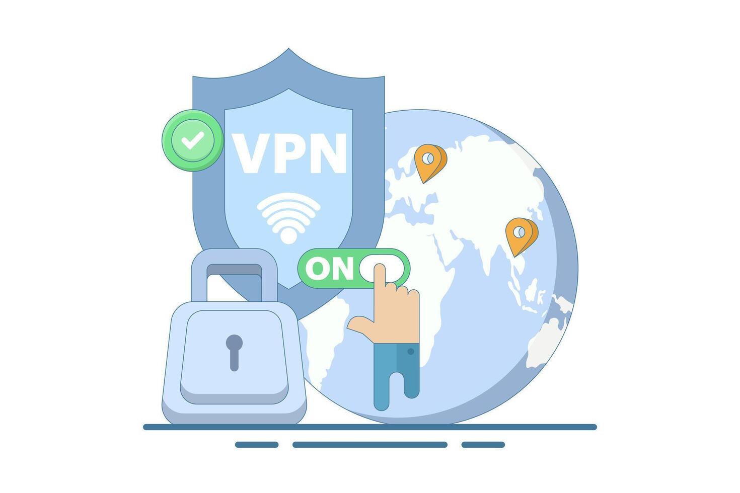 VPN Service Concept. Virtual private network access. Secure internet connection and privacy protection between computing devices and computer networks. vector