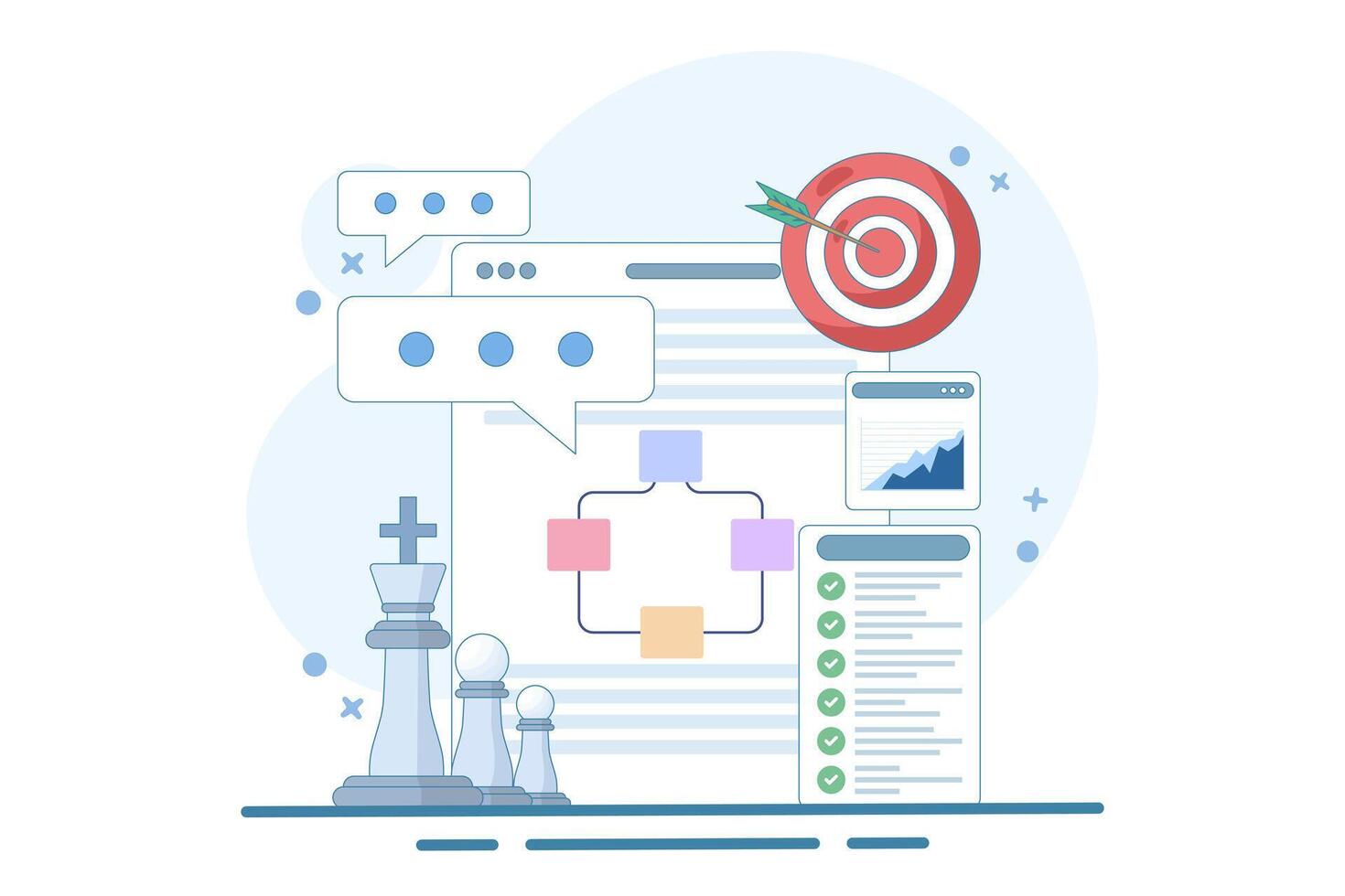 Concepts of strategic planning, goal setting, organizational alignment, strategic direction, strategic vision, actionable goals, goal achievement. vector