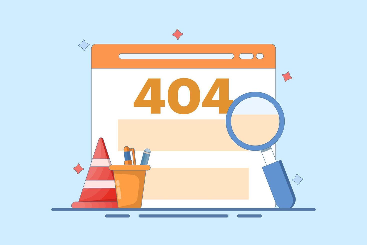 Concept of 404 error, page not found, security service warning message. Studying question mark inside text 404 with magnifying glass, examining the cause of web page crash. illustration. vector
