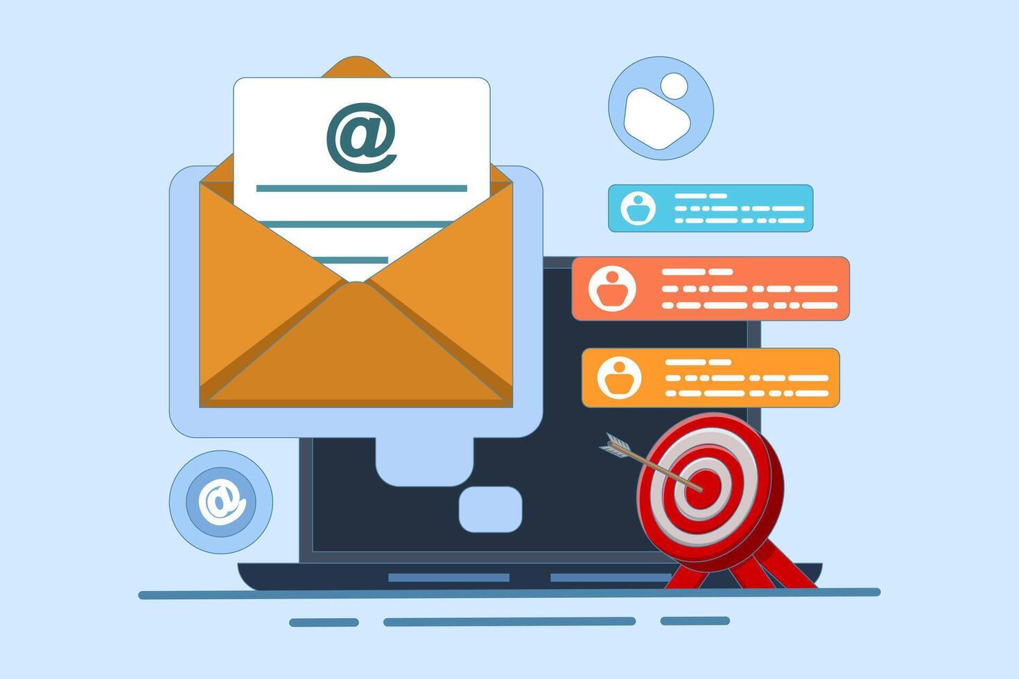 Concept of approaching target audience using email marketing, Email newsletter, messaging, Online business strategy, Advertising, Marketing materials. Flat illustration on background. vector