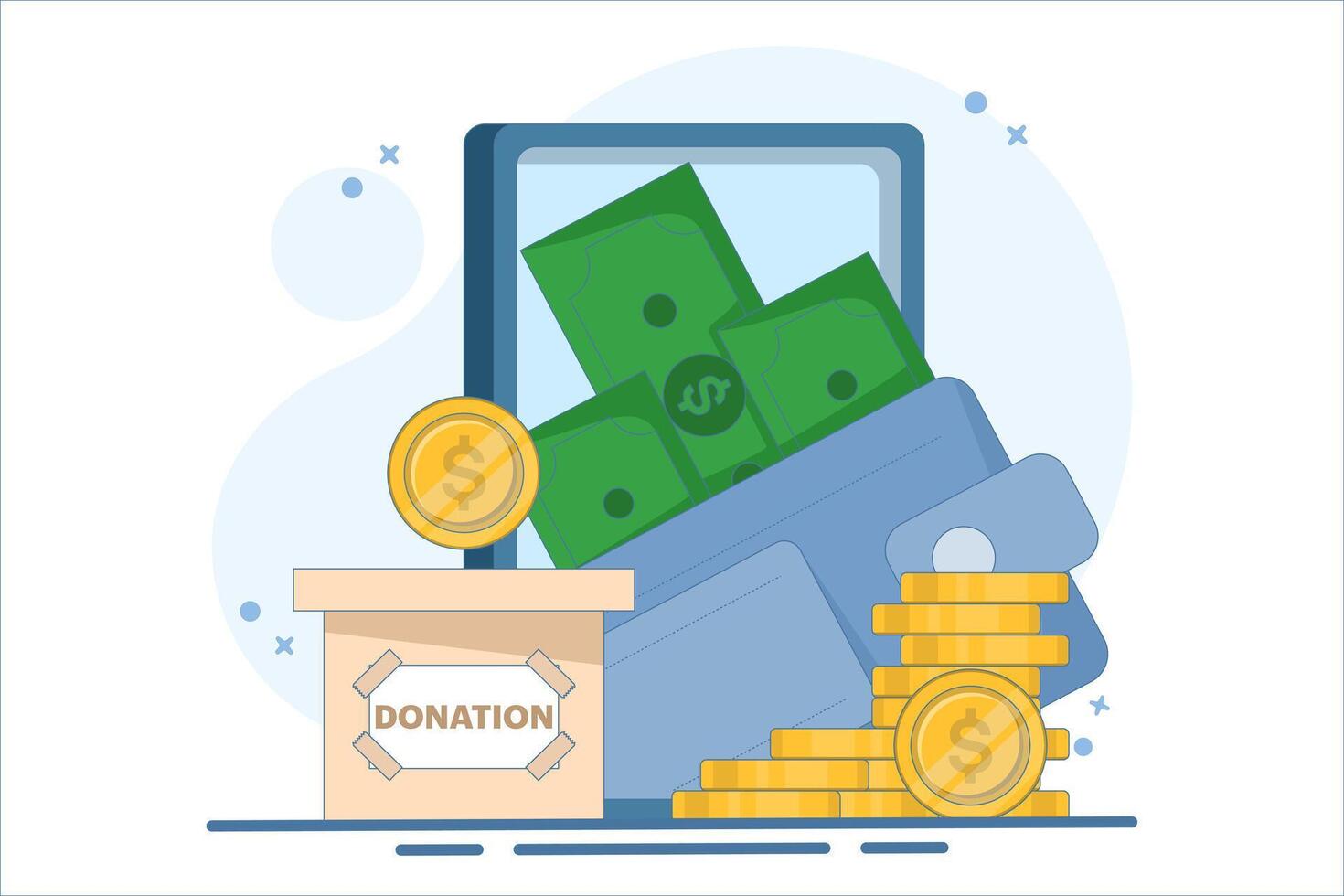 Cash donation concept. Social assistance. Financial support and fundraising. Put coins in the donation box and donate with online payment card. Flat illustration on the background. vector