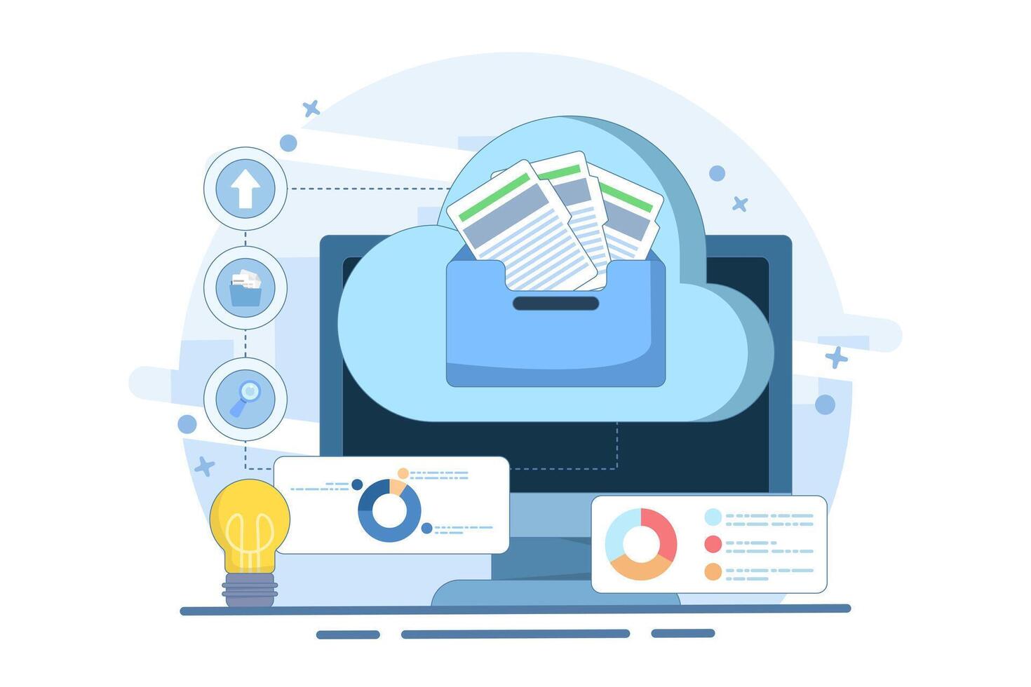 Electronic document management concept. File management administration. Organizing documents into archive folders. File management and administrative work. Flat illustration. vector