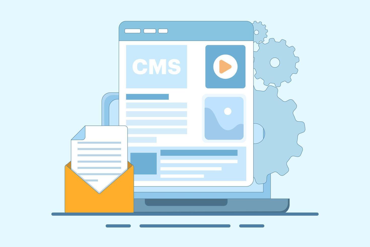 Content management system administration concept cms. CMS. Blog, Blogger. Freelancing. Creative writing. Script writing. Content illustration for web landing page template, banner, flyer. vector