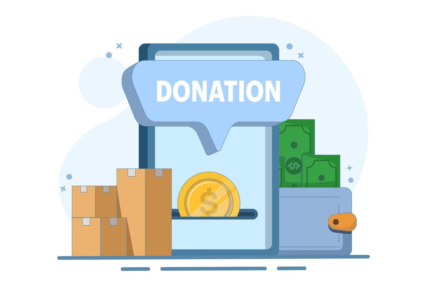 Cash donation concept. Put coins in the donation box and donate with online payment card. Social assistance. Financial support and fundraising. vector