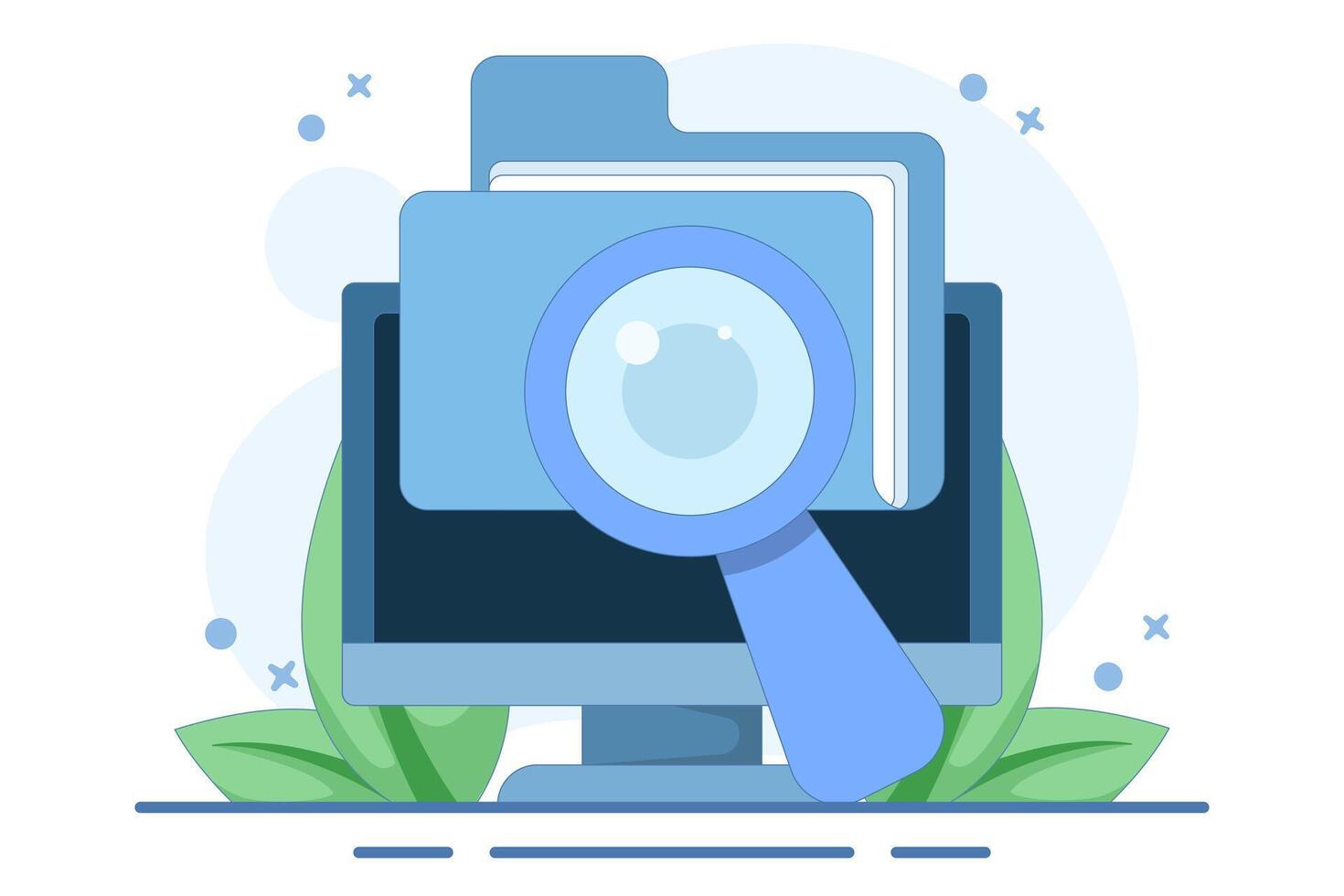 Scan Draft or check folder documents, investigate document archive review, online analysis, reports or documents, check legal documents, find or browse file archive documents. flat illustration. vector