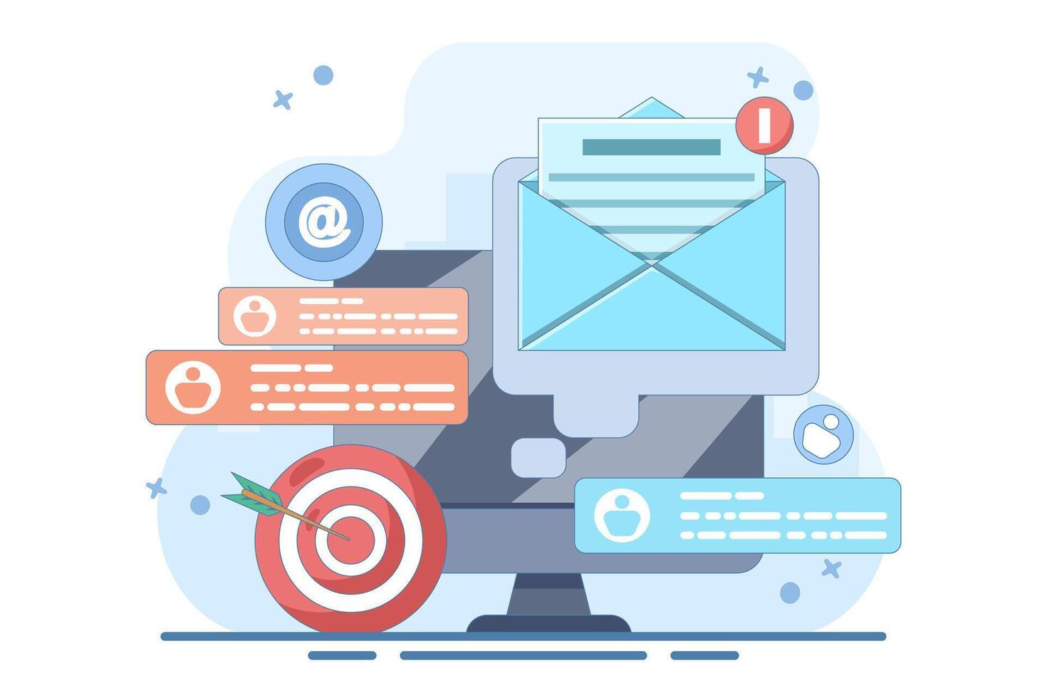 Concept of approaching target audience using email marketing, business targeting, email newsletter, messaging, online business strategy, advertising, marketing materials. Flat illustration. vector