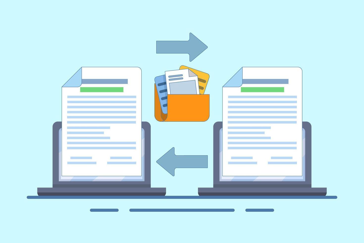 Document Collaboration Concept, teamwork, online file exchange. Paper document files that regulate office contracts. Flat illustration on background. vector