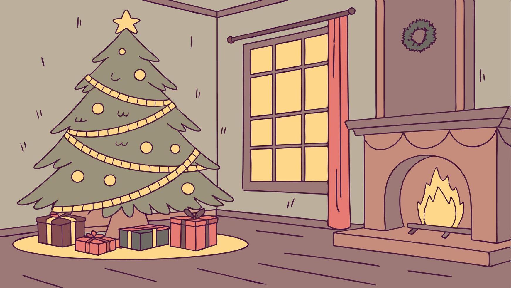 Interior christmas. Magic glowing tree. fireplace and gifts. vector