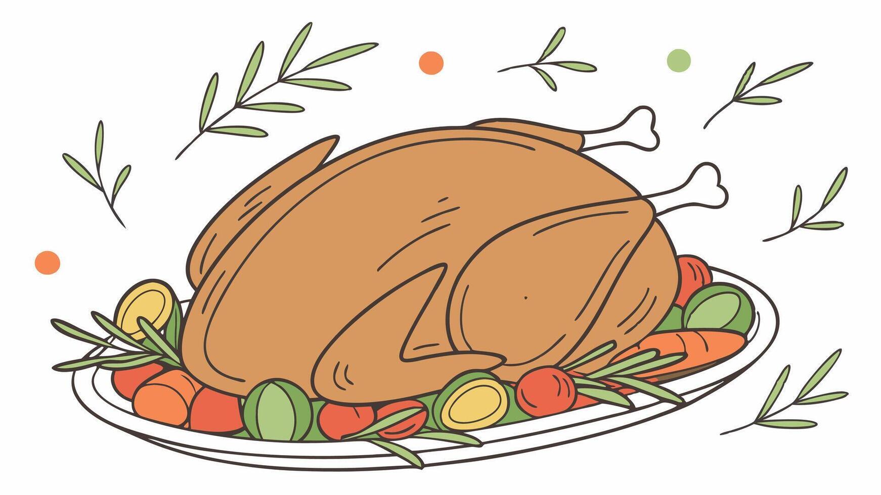 Roasted turkey with vegetables and herbs is a traditional dish for thanksgiving or christmas day. vector