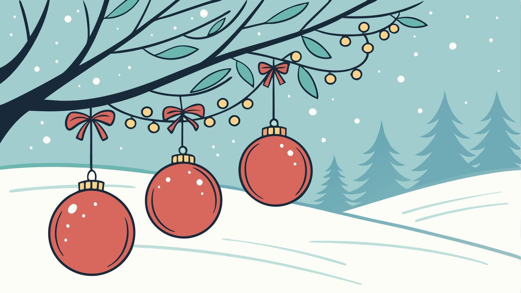 Festive red christmas baubles hanging from a tree with a snowy winter landscape background vector