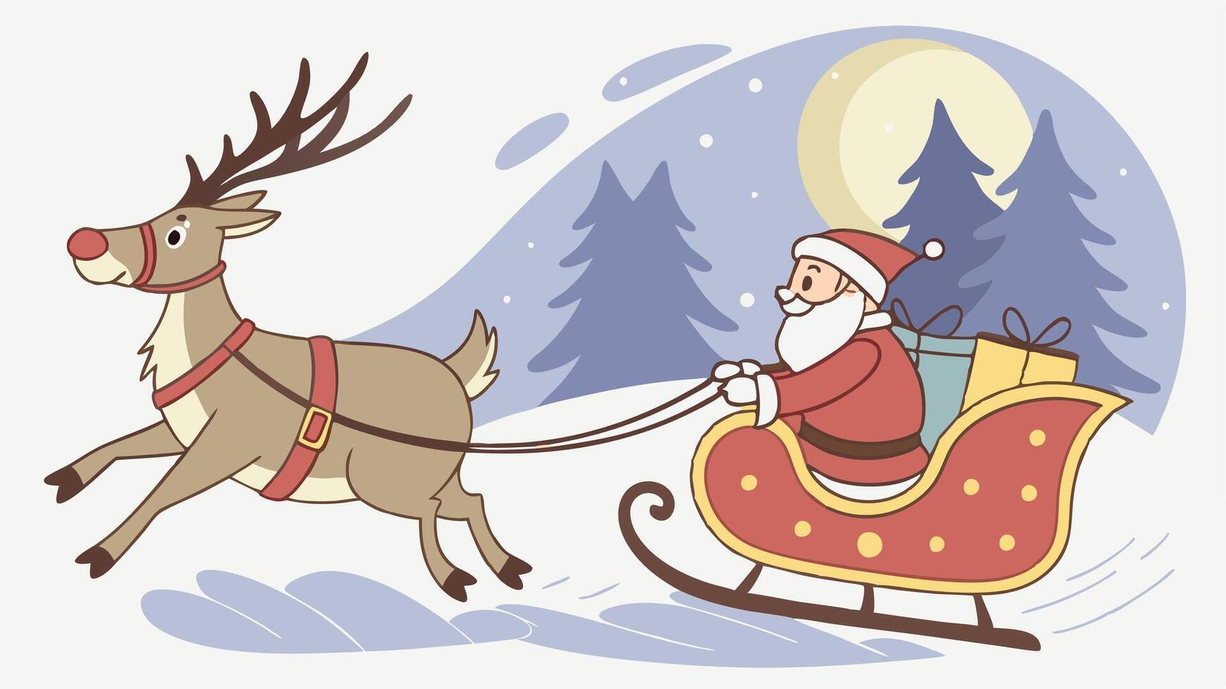 Christmas reindeer pulls a sleigh with santa claus watercolor painting design vector