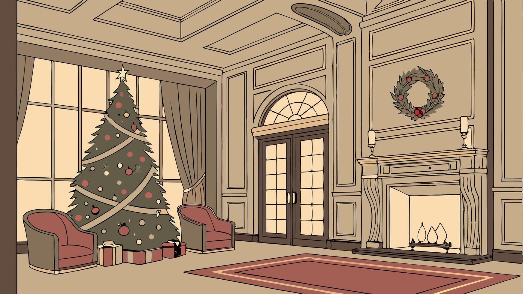 Luxury living room interior with christmas tree and fireplace. 3D rendering. vector