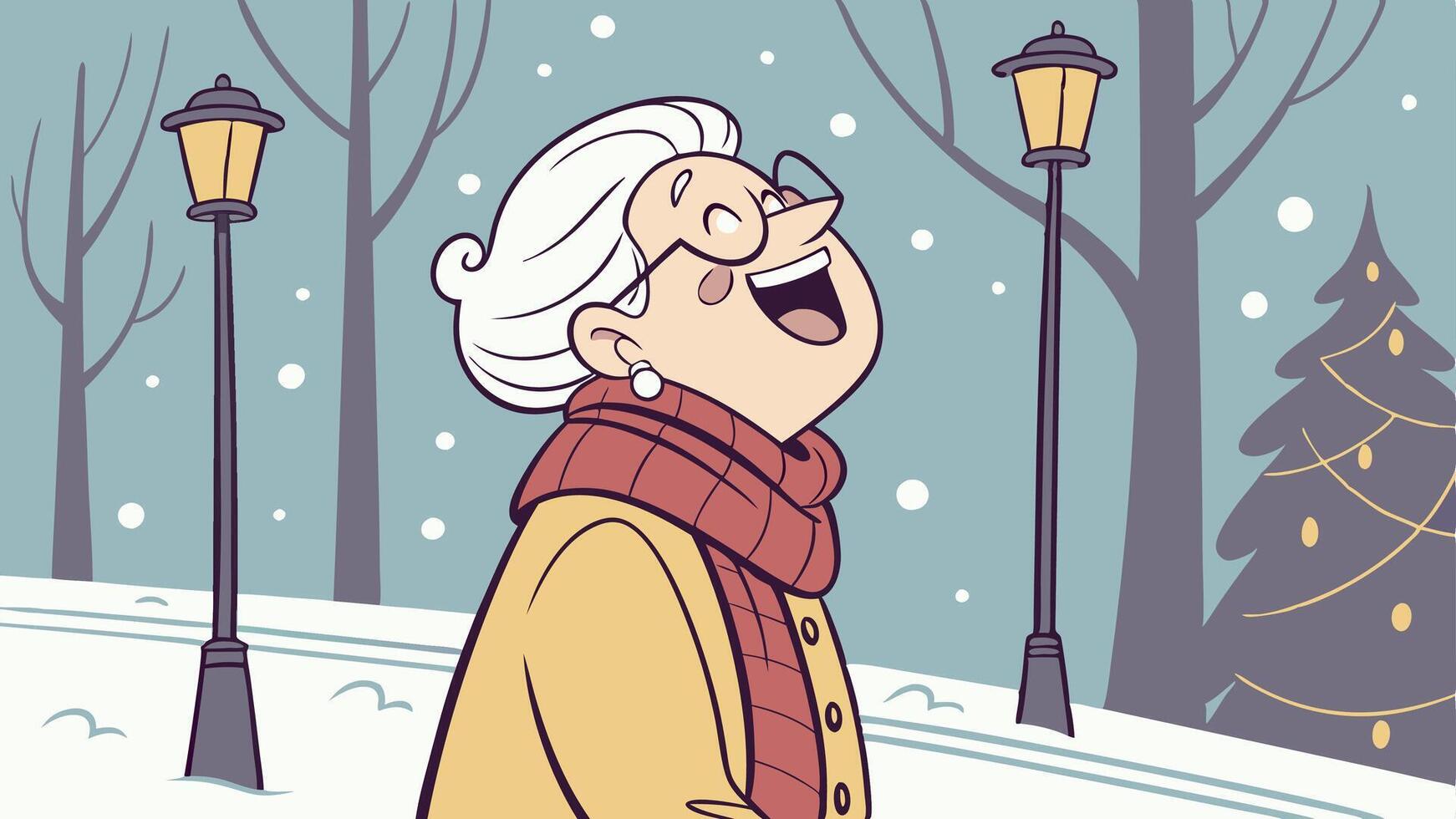 Cute grandmother laughing in the steeets at christmas time vector