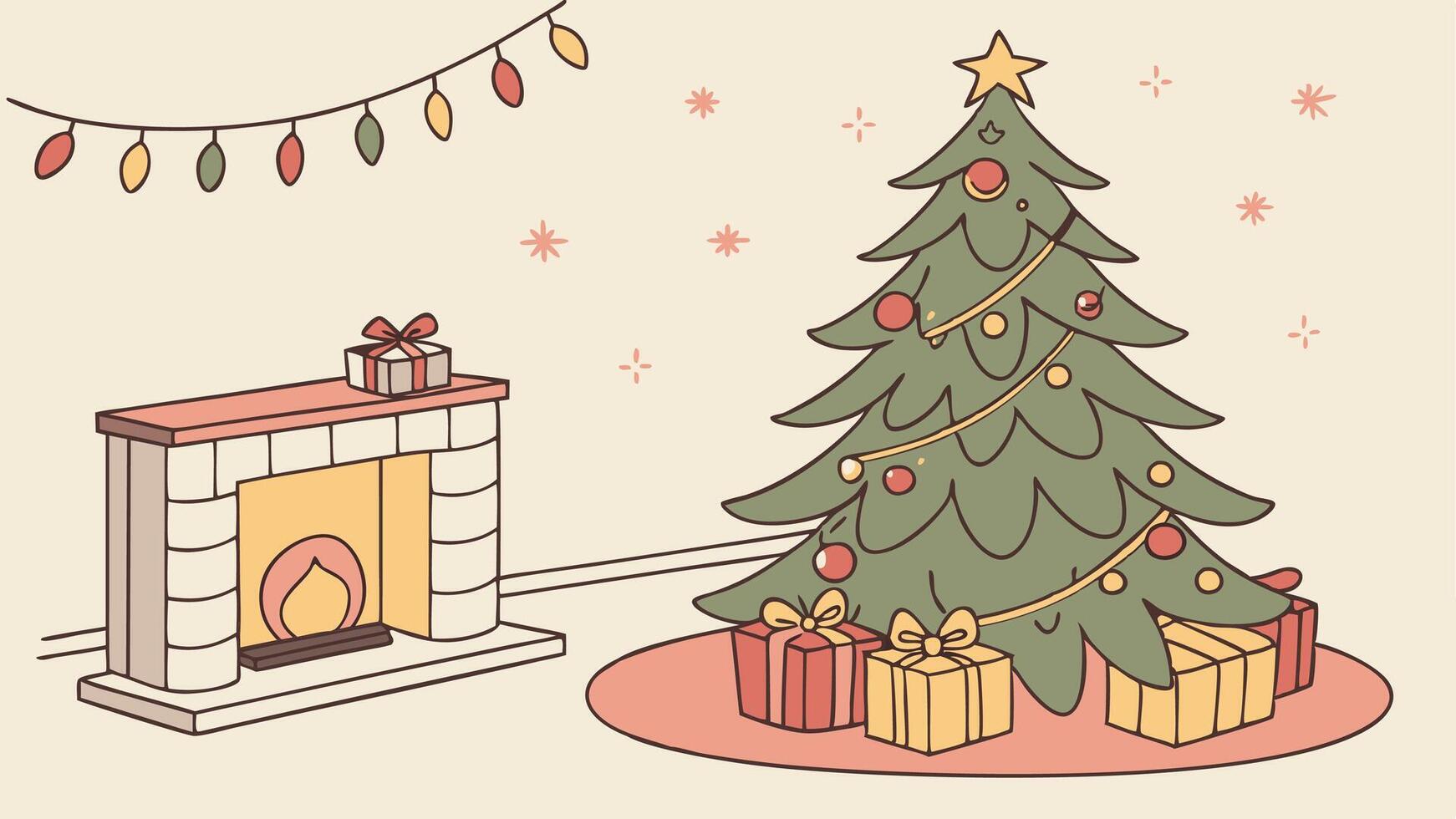 Watercolor christmas tree with gifts in a cozy living room vector