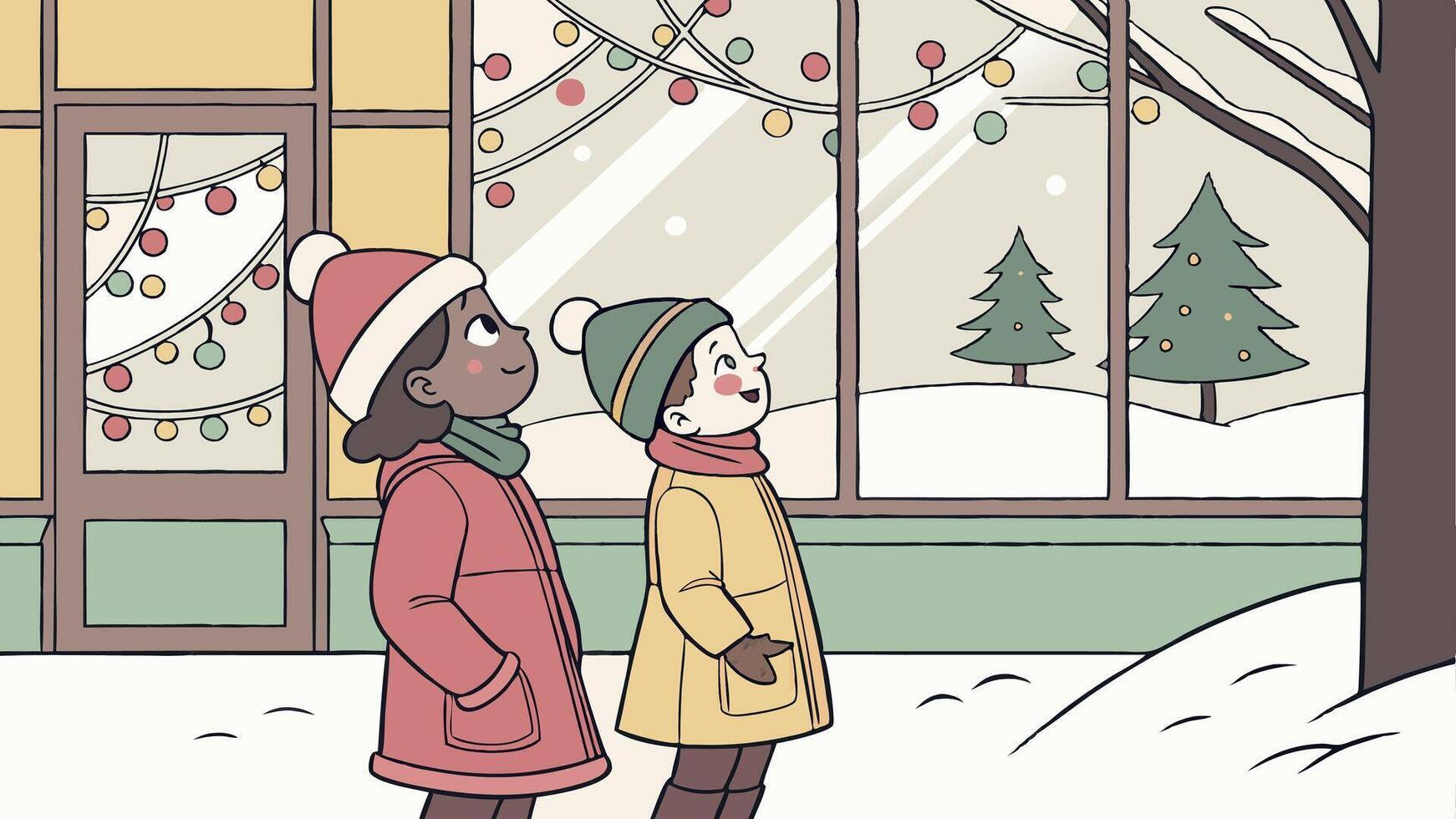 Photo of two children mesmerized by a festive Christmas window display vector