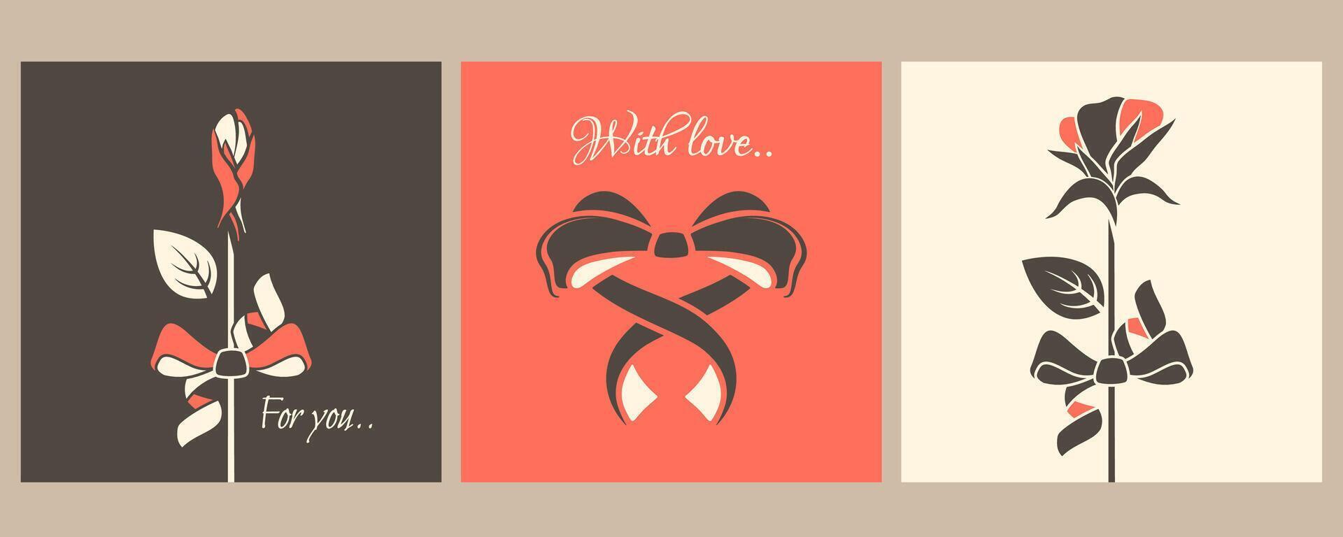 Valentine elements on greeting cards. Set of retro posters for 14 February holiday. Valentine flower, rosebud, bow in shape of heart, love text. Romantic design. flat illustration vector