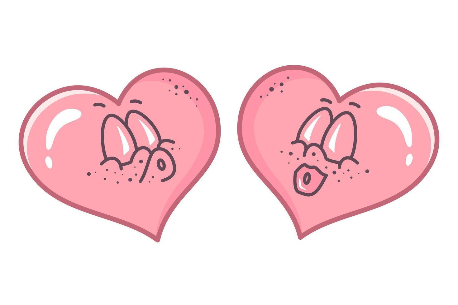 Valentine characters message kiss at each other. Flirting couple. Groovy hearts with Kissing lips. Doodle Hand drawn outline illustration in Retro style. Valentine's Day clipart. illustration vector