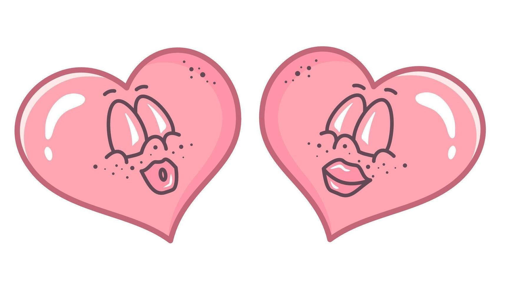 Valentine characters flirt and send message kiss at each other. Valentines couple. Cartoon Groovy hearts. Doodle Hand drawn outline illustration in Retro style. Valentines Day clipart. vector