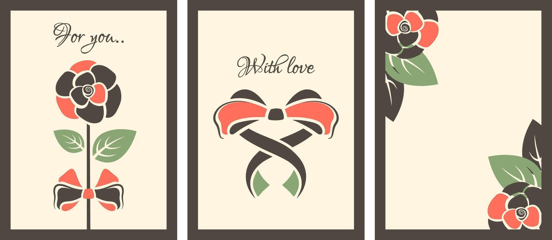 Valentine concept. Set of vertical retro posters for 14 February holiday. Beautiful flower, rose, bow in shape of heart, lovely text. Gift cards. flat illustration vector