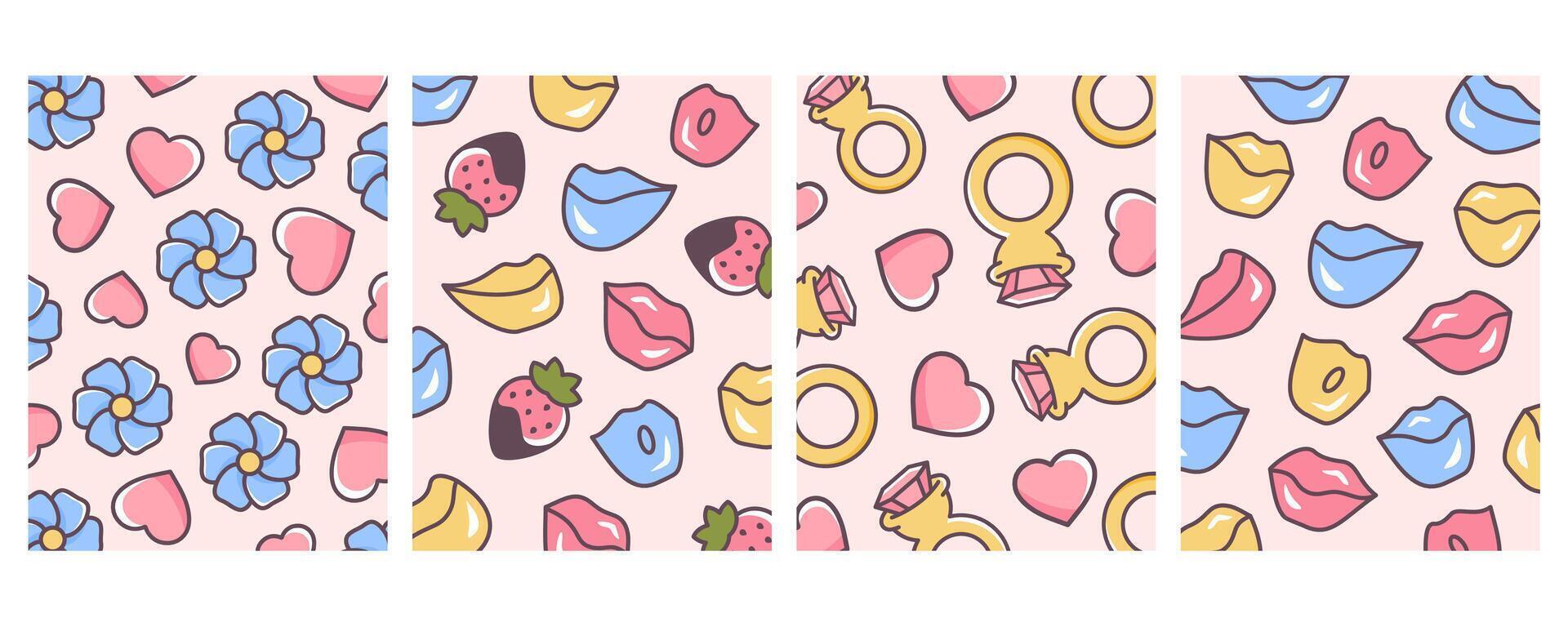 Happy Valentine's Day. Set of Valentine backgrounds. Retro valentine cards in 60s 70s cartoon style. Cartoon outline flowers, hearts, ring with diamond, kissing lips, strawberry in chocolate. vector