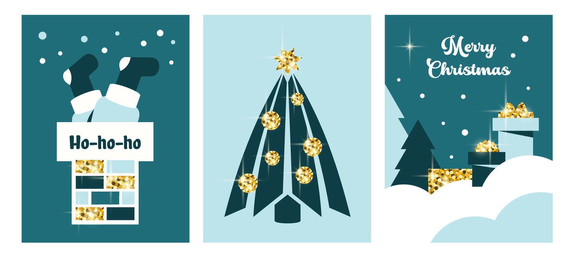 Set of Christmas cards. Modern winter elements. Christmas tree, presents, golden balls, gift boxes. Santa climbs through chimney. Traditional Festive backgrounds, Christmas symbols. vector