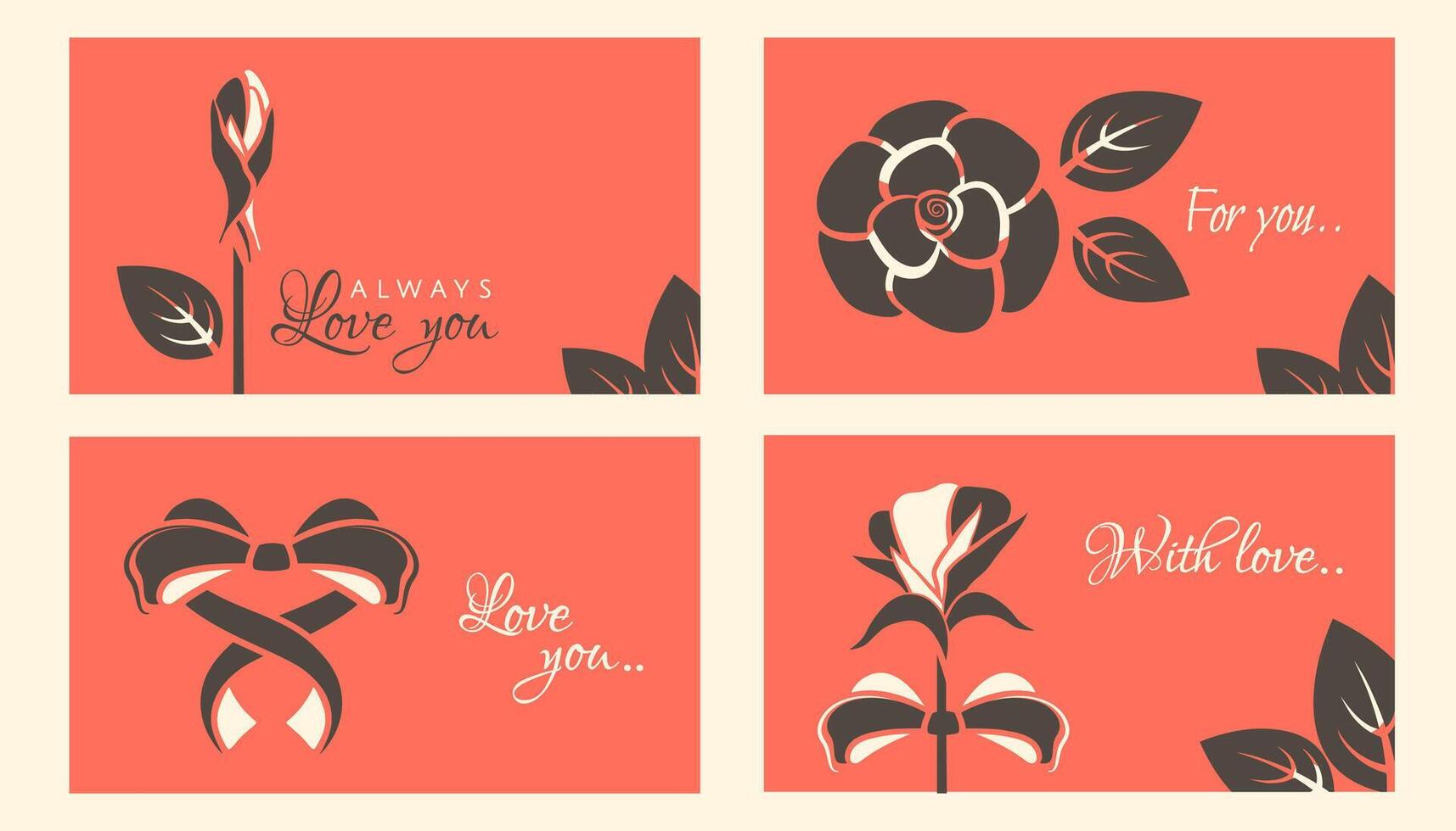 Beautiful flower, rosebud, bow, leaves with romantic text. Valentines day horizontal cards. Modern Valentine elements on red background. Set of retro posters for holiday. flat illustration vector