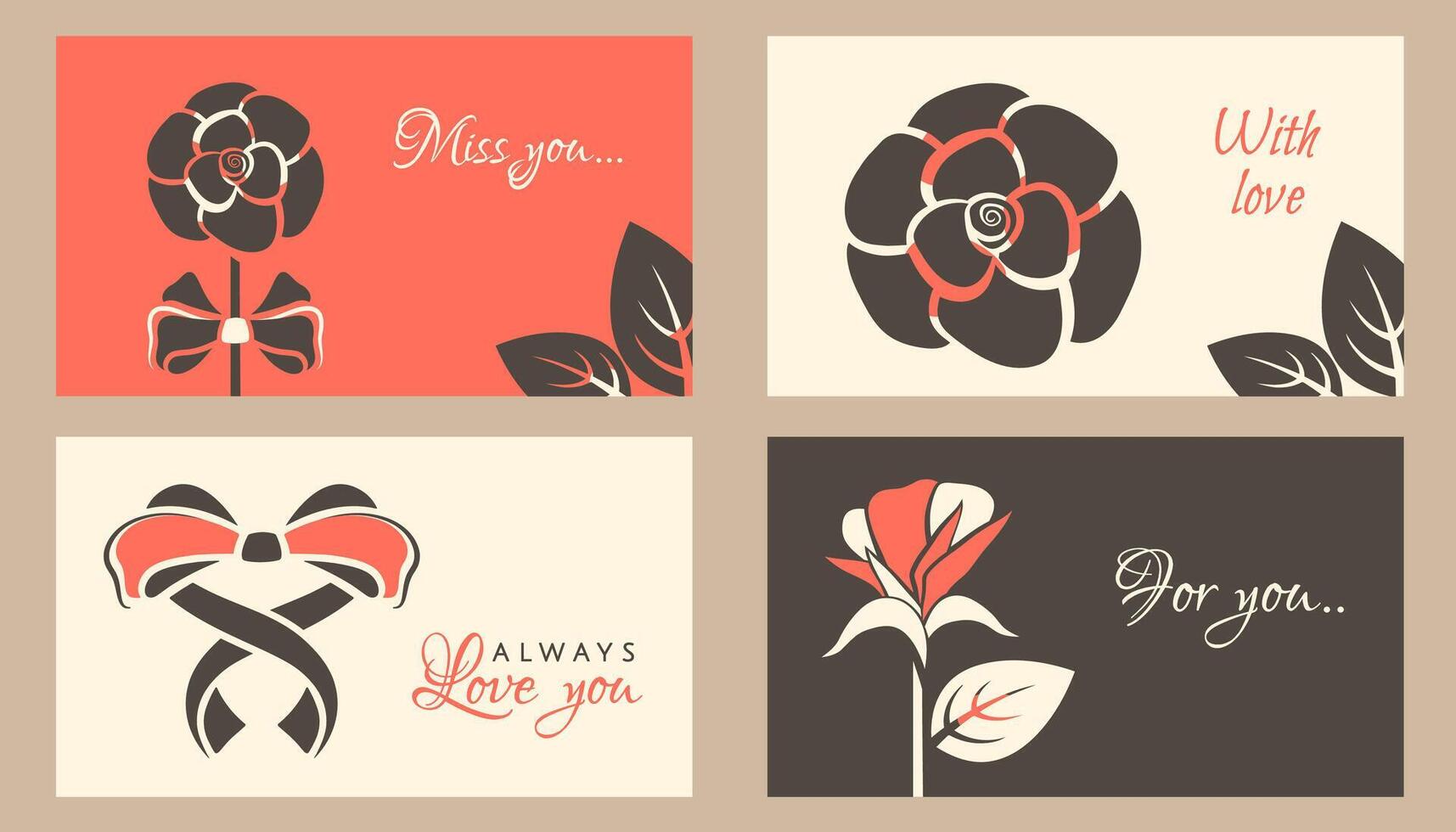 Valentine elements on greeting cards. Set of modern banner for 14 February holiday. Valentine flower, rosebud, bow in shape of heart, love text. Romantic design. flat illustration vector