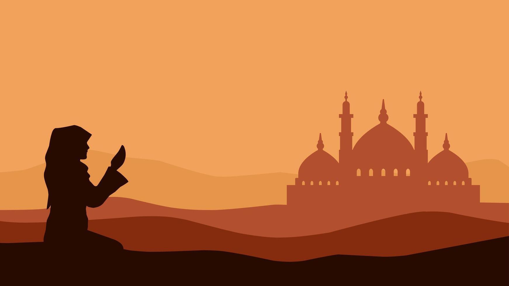 Landscape illustration of praying muslim with mosque vector